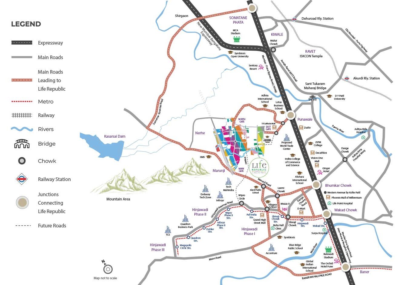 Location map of Life Republic Hinjewadi Pune showing nearby connectivity